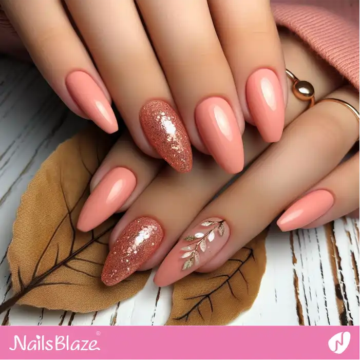 Leaf Charms on Peach Fuzz Nails | Nature-inspired Nails - NB1669